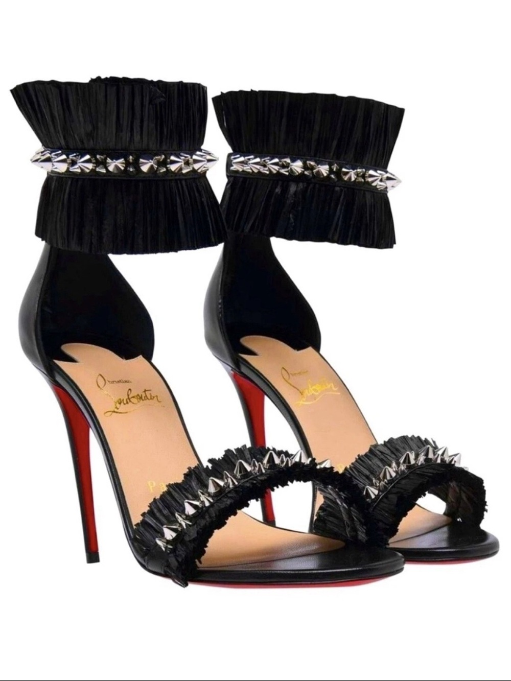 Christian Louboutin Poupedou Black Spike Raffia Ankle Strap Heels EU 39 Red Sole - Picture 1 of 9